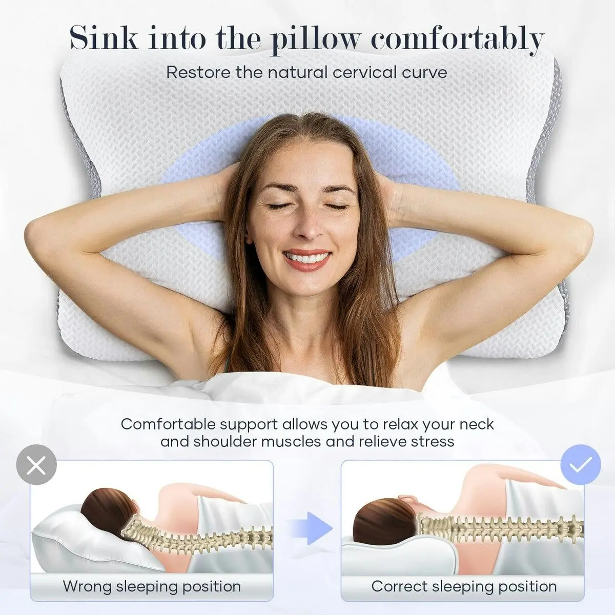 Luxdream Contour Bed Pillow Cervical Memory Foam Cushion Neck Shoulder Support Ergonomic Pain Relief Side Back Stomach Sleeper Breathable Pillowcase