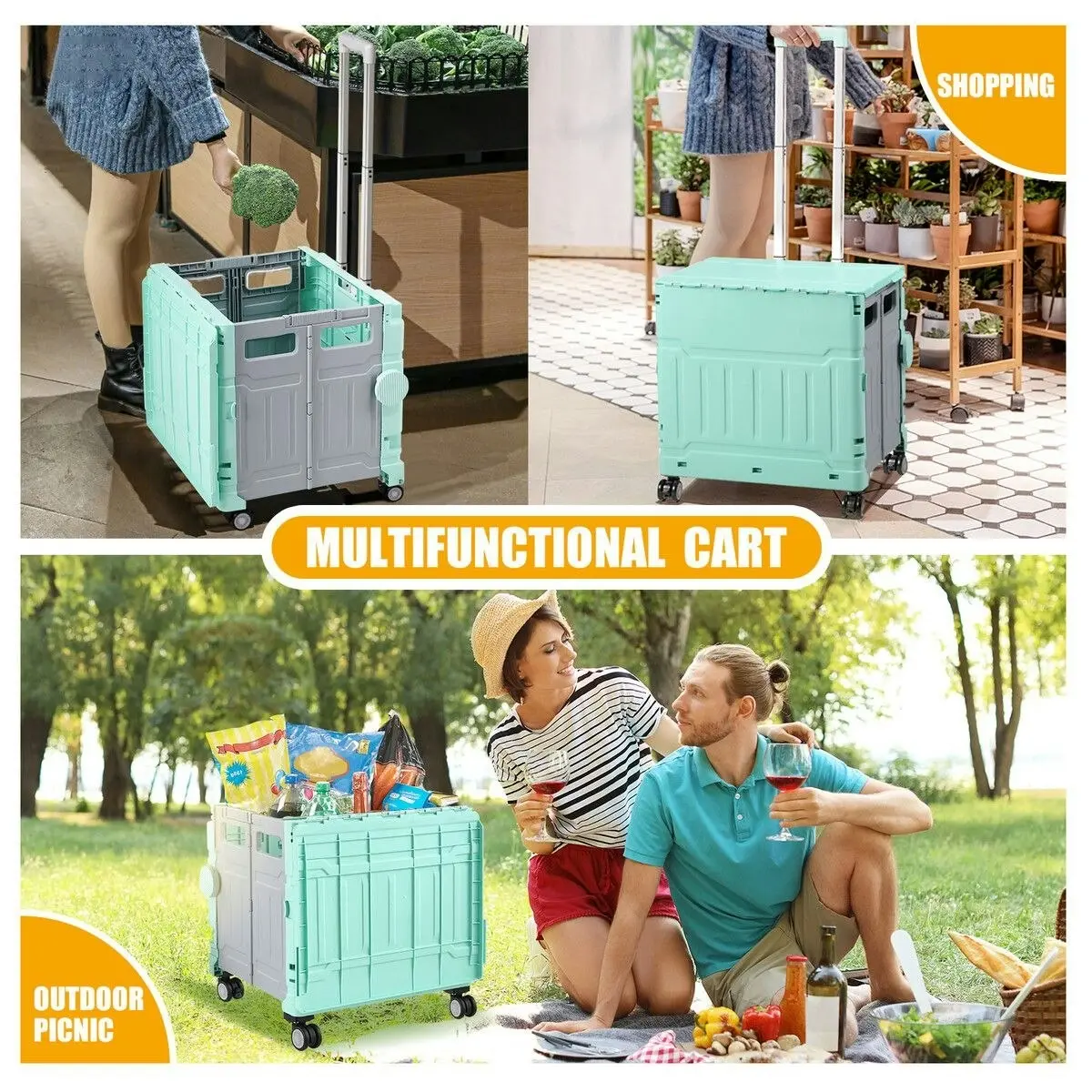 LUXSUITE Foldable Shopping Cart Trolley Basket with Wheels Utility Grocery Market Rolling Crate Personal Storage Seat Portable Camping Travel 75L