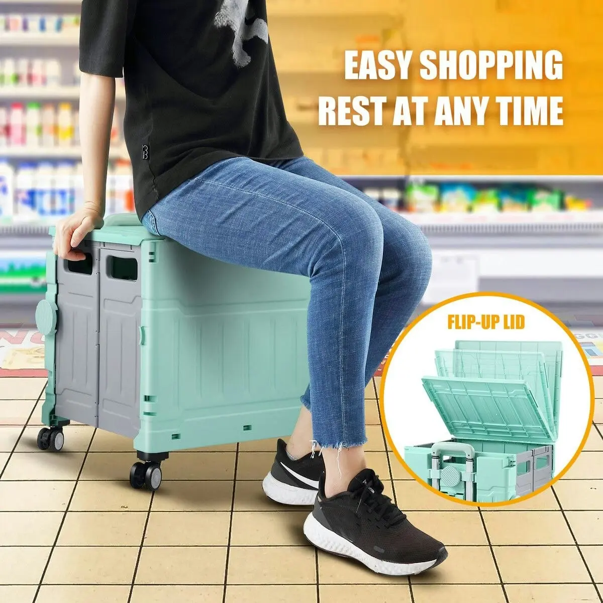 LUXSUITE Foldable Shopping Cart Trolley Basket with Wheels Utility Grocery Market Rolling Crate Personal Storage Seat Portable Camping Travel 75L