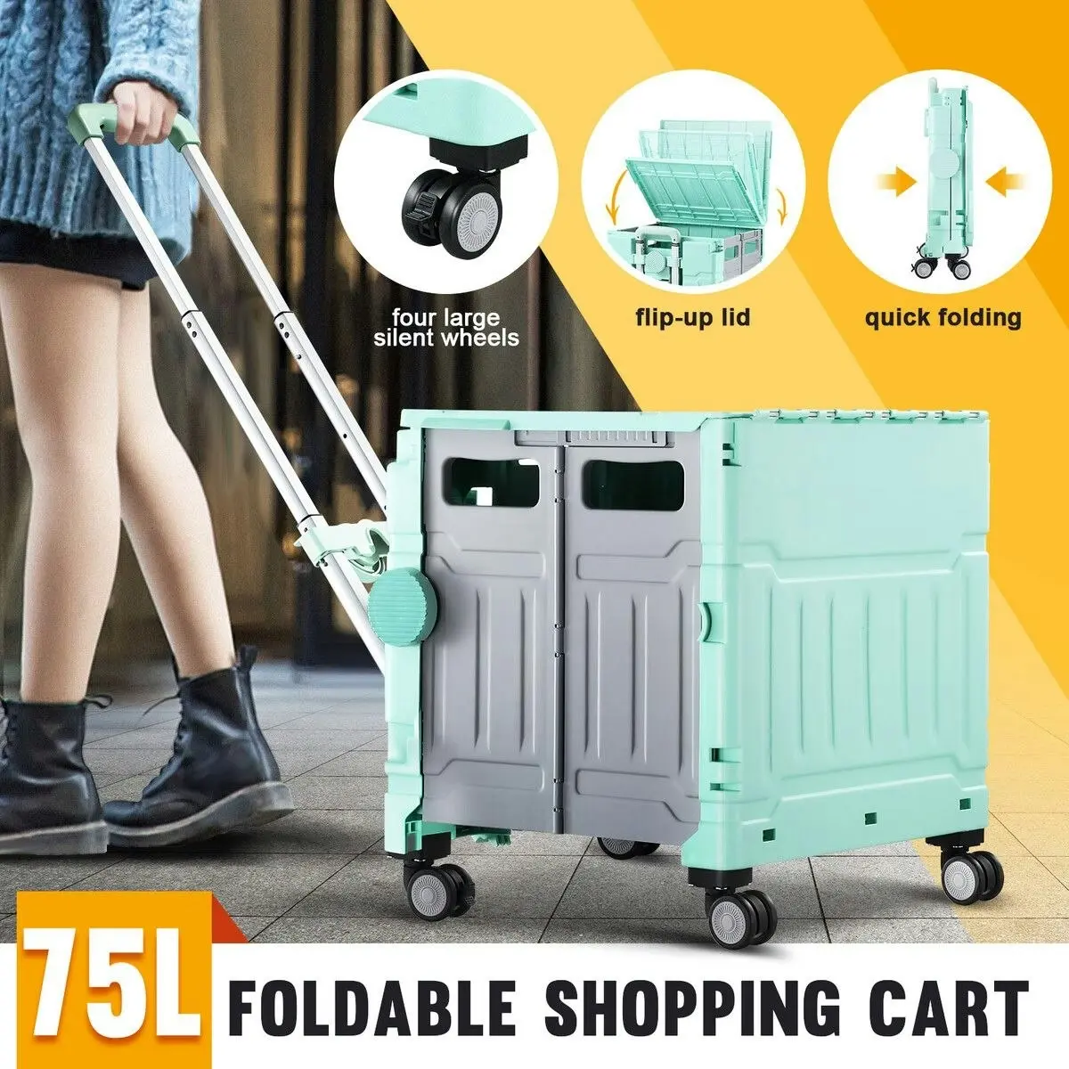 LUXSUITE Foldable Shopping Cart Trolley Basket with Wheels Utility Grocery Market Rolling Crate Personal Storage Seat Portable Camping Travel 75L