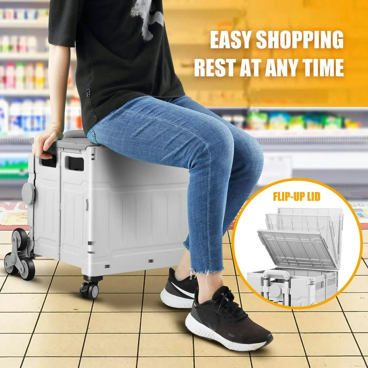 LUXSUITE Foldable Shopping Cart Trolley Basket Stair Climbing Utility Crate Luggage Grocery Storage Rolling Stairs Personal Travel Market Camping Seat 75L