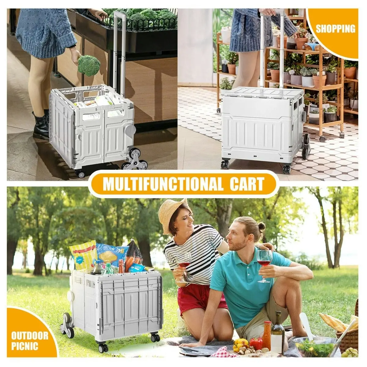 LUXSUITE Foldable Shopping Cart Trolley Basket Stair Climbing Utility Crate Luggage Grocery Storage Rolling Stairs Personal Travel Market Camping Seat 75L