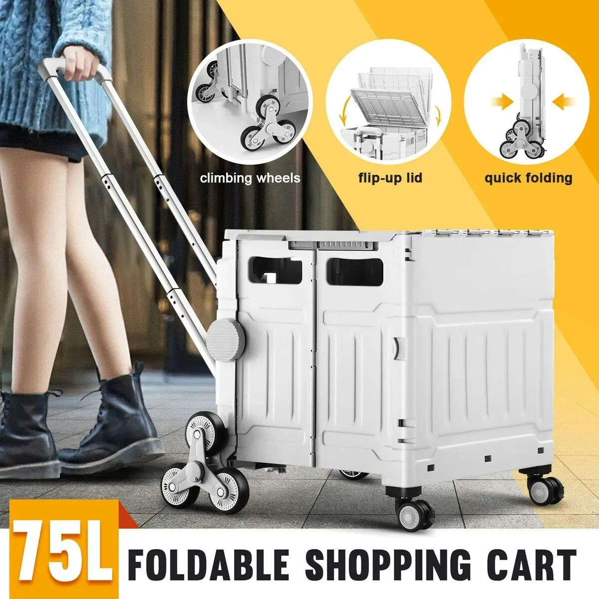 LUXSUITE Foldable Shopping Cart Trolley Basket Stair Climbing Utility Crate Luggage Grocery Storage Rolling Stairs Personal Travel Market Camping Seat 75L