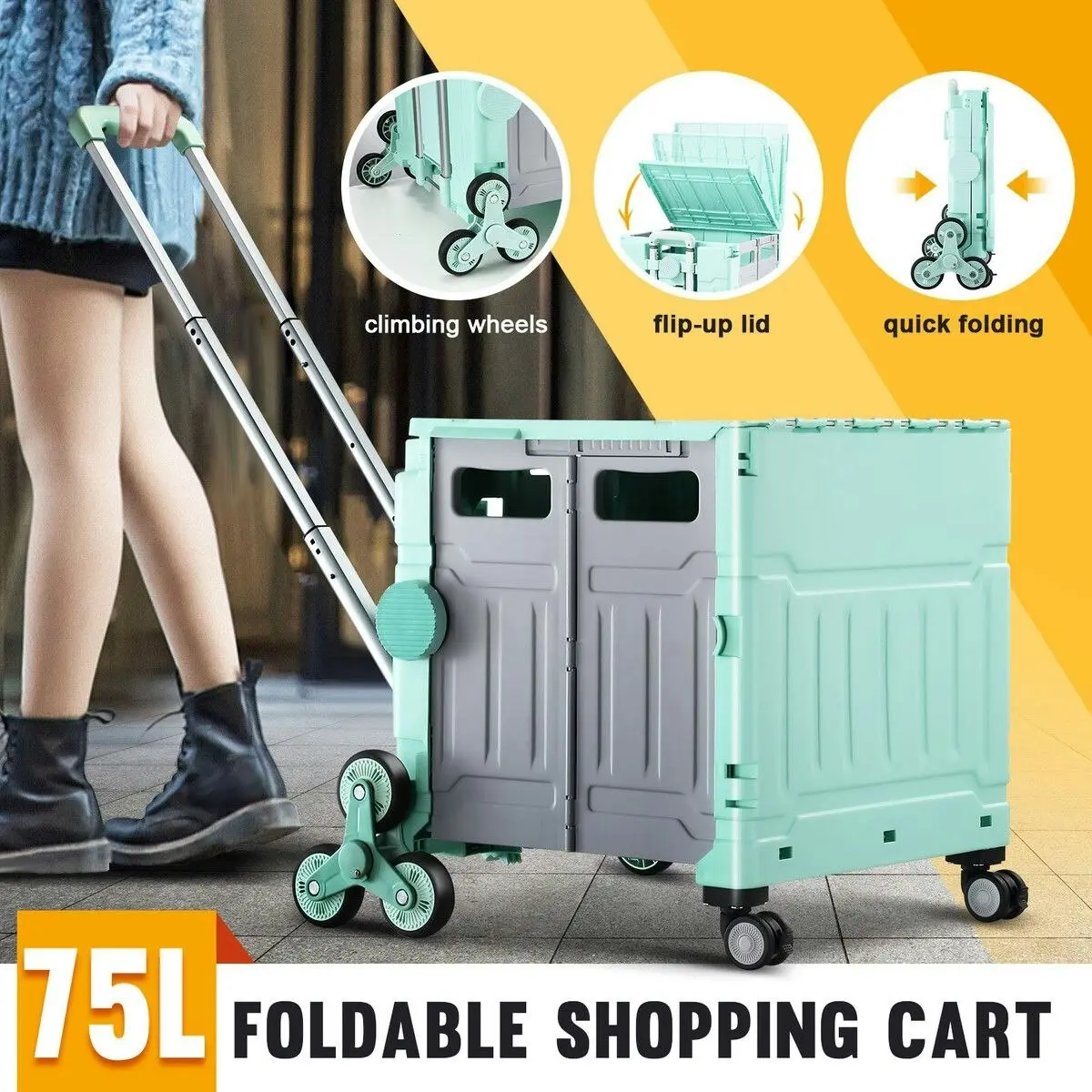 LUXSUITE Foldable Shopping Cart Trolley Grocer Rolling Utility Luggage Bag Market Travel Shop Moving Stair Climbing Wheels 75L