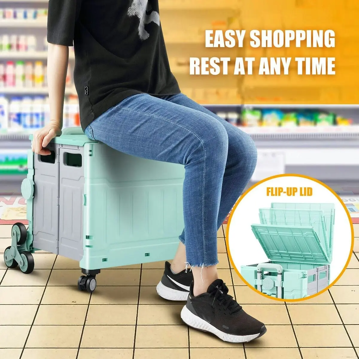 LUXSUITE Foldable Shopping Cart Trolley Grocer Rolling Utility Luggage Bag Market Travel Shop Moving Stair Climbing Wheels 75L