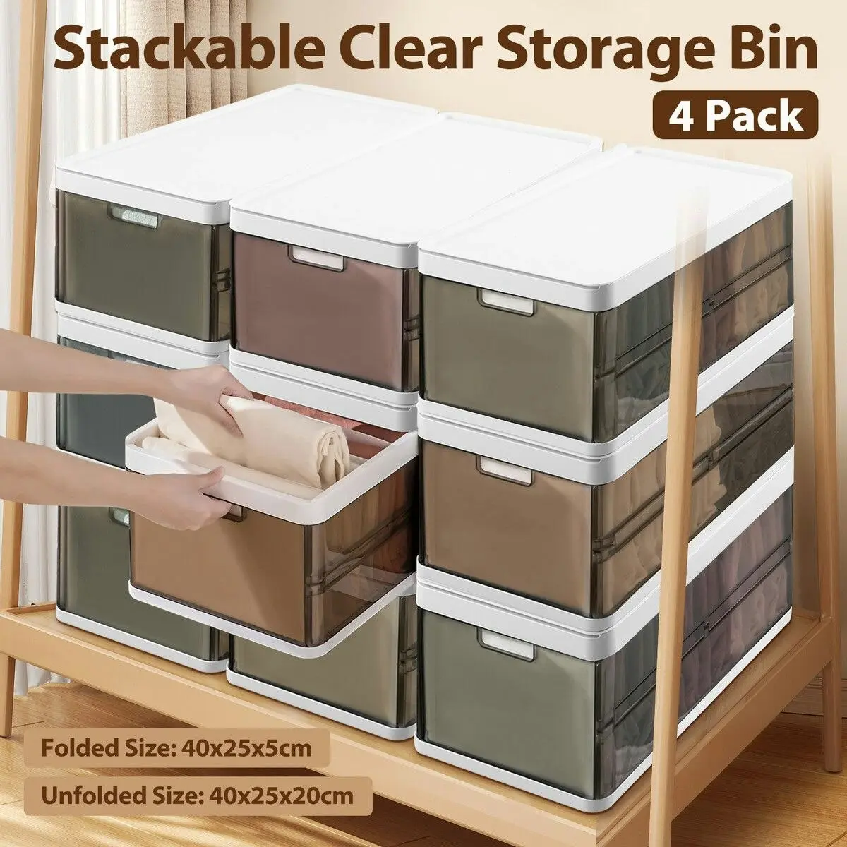 Ausway 4pcs Storage Boxes Bins Plastic Stackable Clear Shoe Containers Wardrobe for Handbag Clothes Foldable Organiser with Lids Partitions