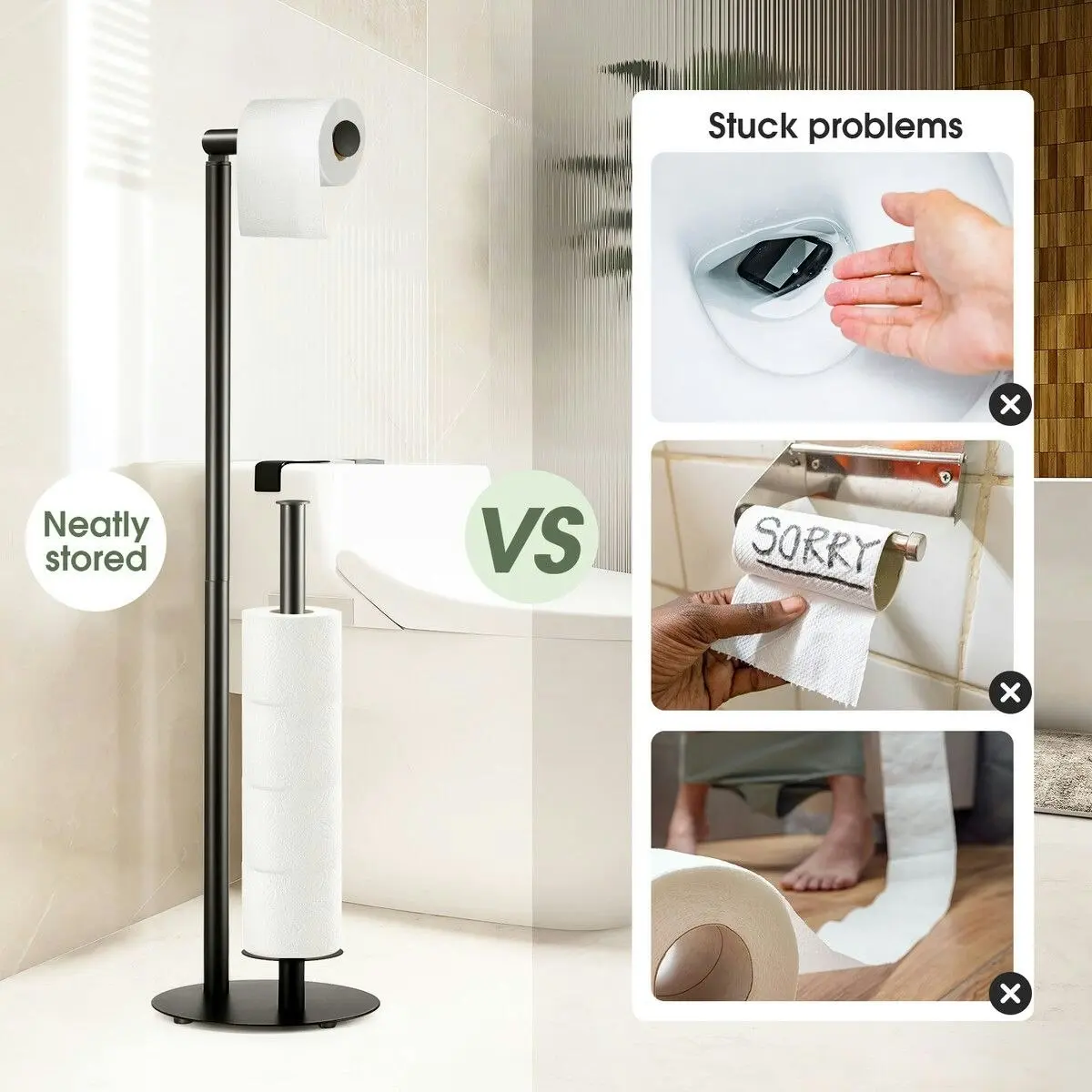 LUXSUITE Free Standing Toilet Paper Holder Bathroom Organiser Spare Tissue Roll Storage Reserve Floor Stand Pole Dispenser RV Home Decor 65.5cm Black