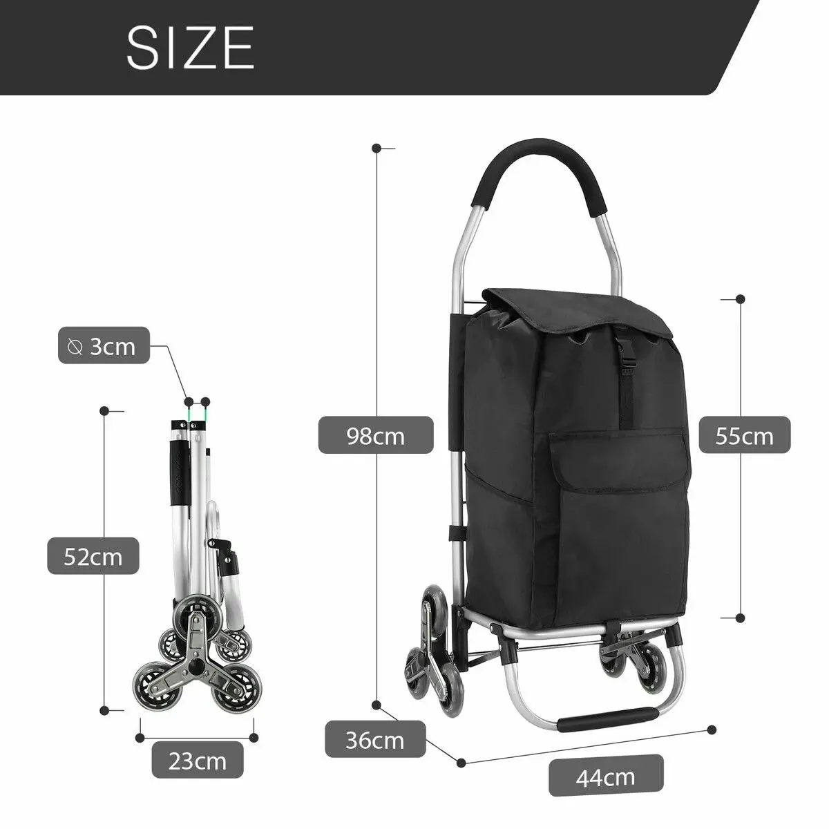 LUXSUITE Shopping Trolley Cart Trolly Wheeled Storage Bag Grocery Market Foldable Utility Granny Stair Climbing Wheels Aluminium 45L