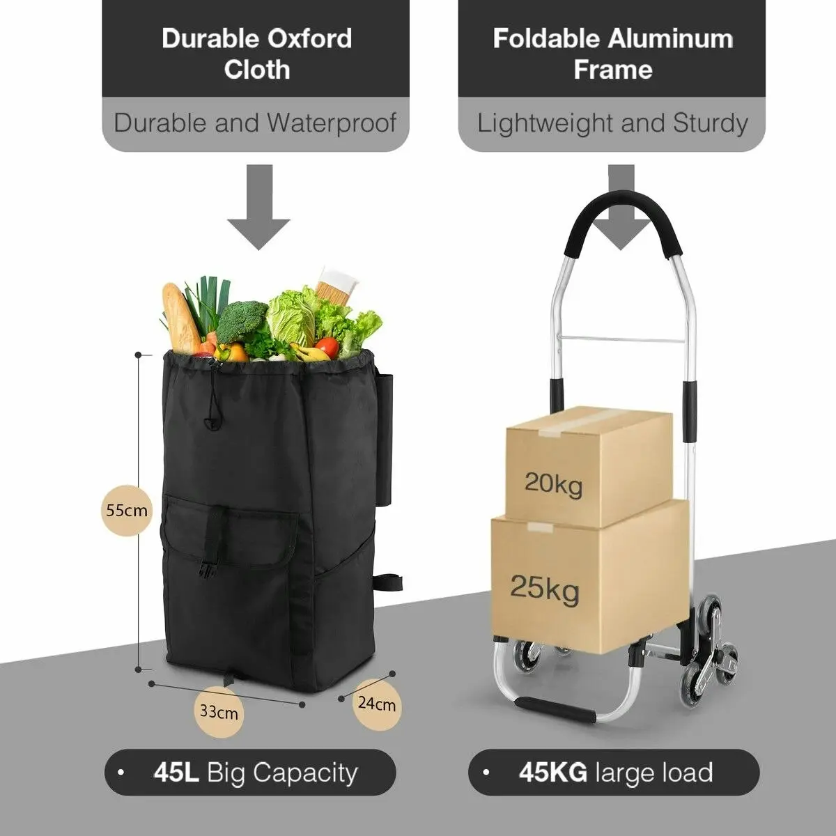 LUXSUITE Shopping Trolley Cart Trolly Wheeled Storage Bag Grocery Market Foldable Utility Granny Stair Climbing Wheels Aluminium 45L