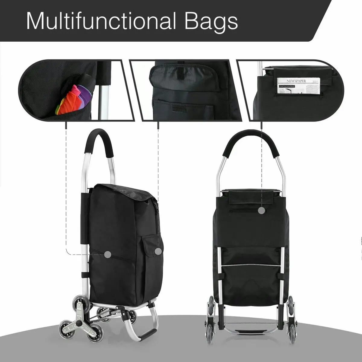 LUXSUITE Shopping Trolley Cart Trolly Wheeled Storage Bag Grocery Market Foldable Utility Granny Stair Climbing Wheels Aluminium 45L