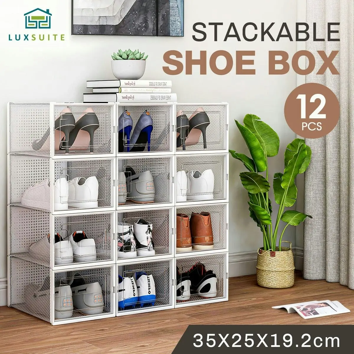 LUXSUITE 12Pcs Shoe Box Storage Case Clear Boxes Sneaker Display Plastic Extra Large Stackable Container Unit Transparent Organizer