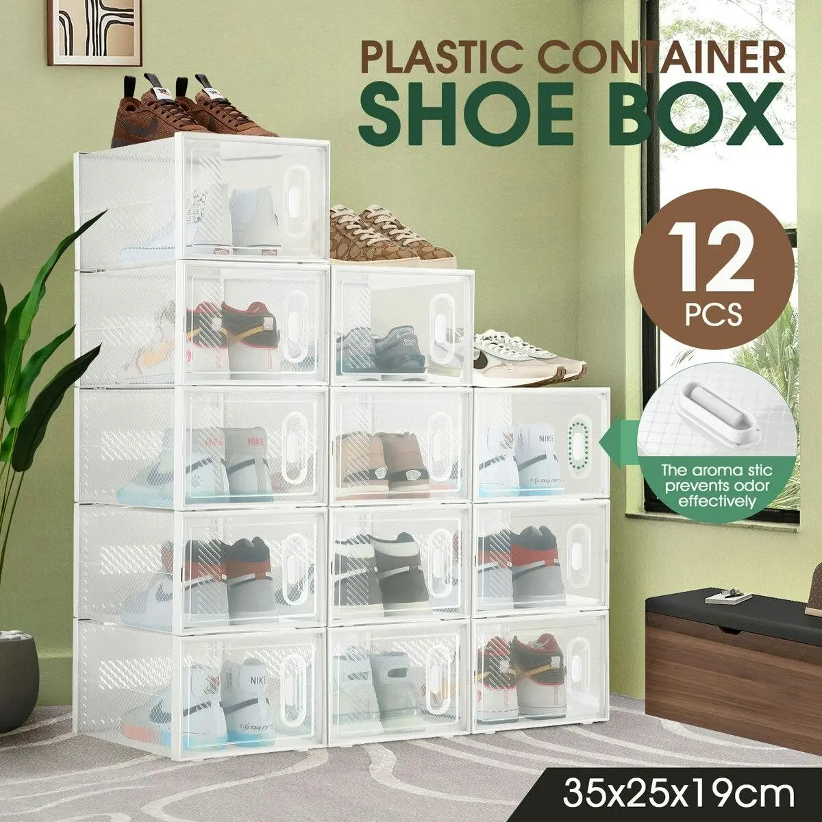 LUXSUITE 12PCS Plastic Shoe Boxes Clear Stackable Organiser Transparent Storage Containers Sneaker Display Cases Bins Holder Organizer Unit