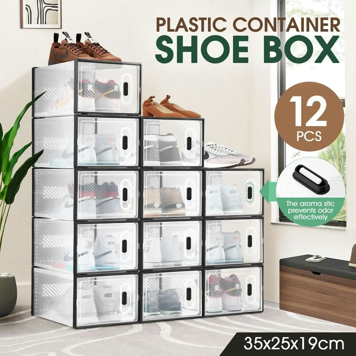 LUXSUITE 12PCS Plastic Shoe Boxes Clear Organiser Stackable Transparent Storage Display Cases Sneaker Containers Holder Bins Organizer Unit