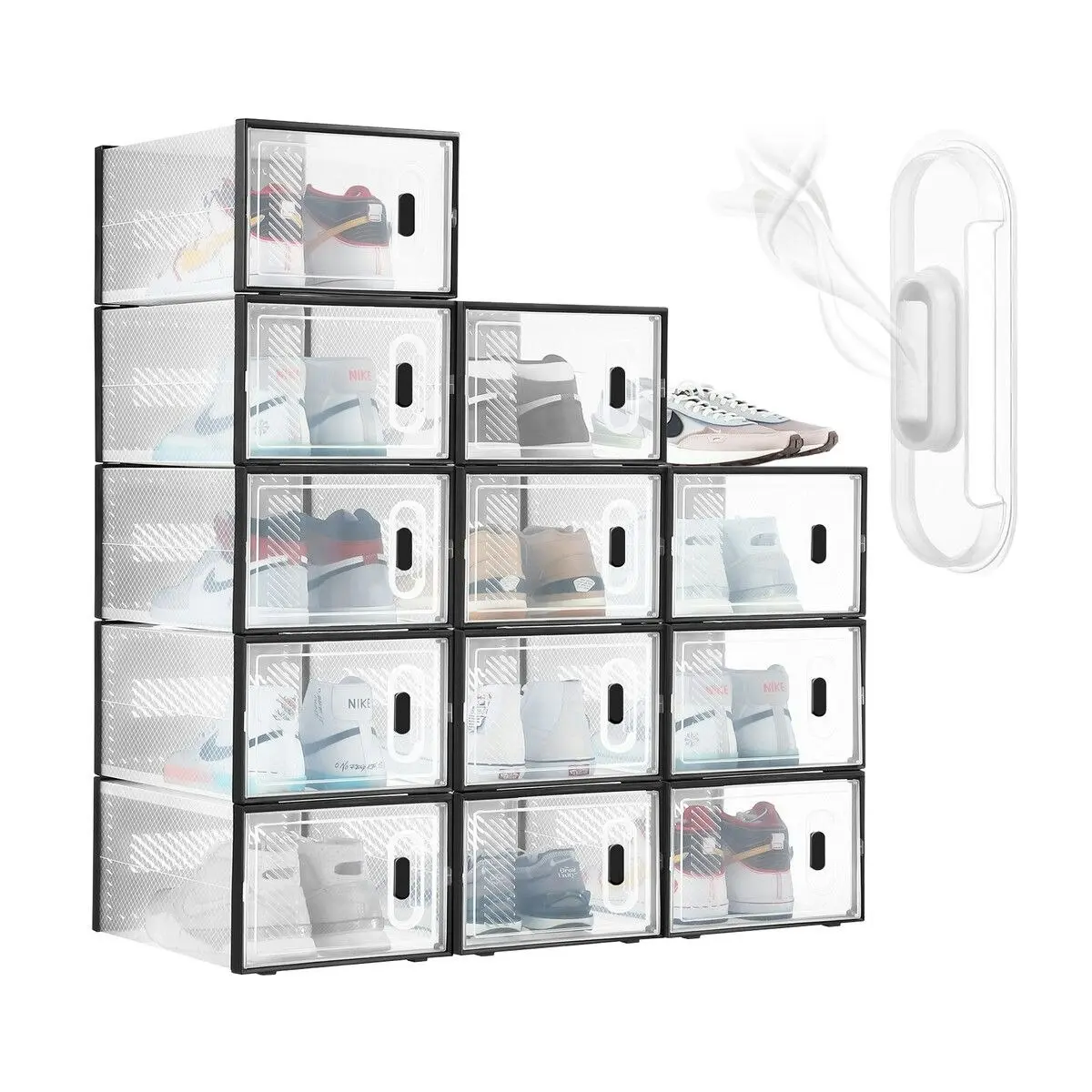 LUXSUITE 12PCS Plastic Shoe Boxes Clear Organiser Stackable Transparent Storage Display Cases Sneaker Containers Holder Bins Organizer Unit