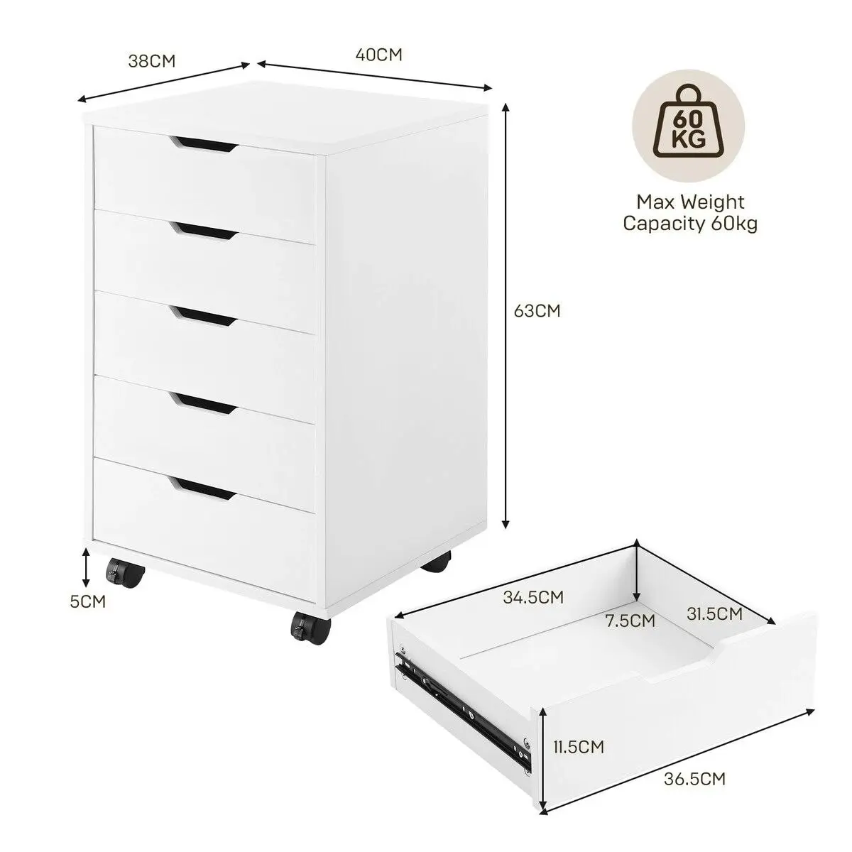 Ausway 5 Drawer File Cabinet Mobile Filing Document Organiser Chest Home Office Storage Cupboard Printer Stand White 40x38x68cm