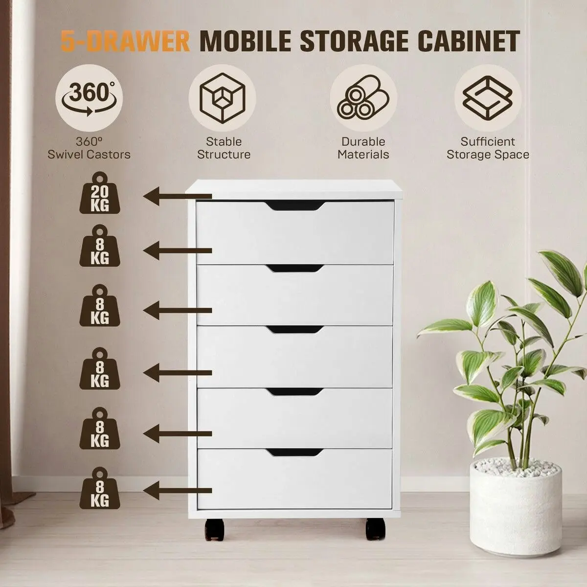 Ausway 5 Drawer File Cabinet Mobile Filing Document Organiser Chest Home Office Storage Cupboard Printer Stand White 40x38x68cm