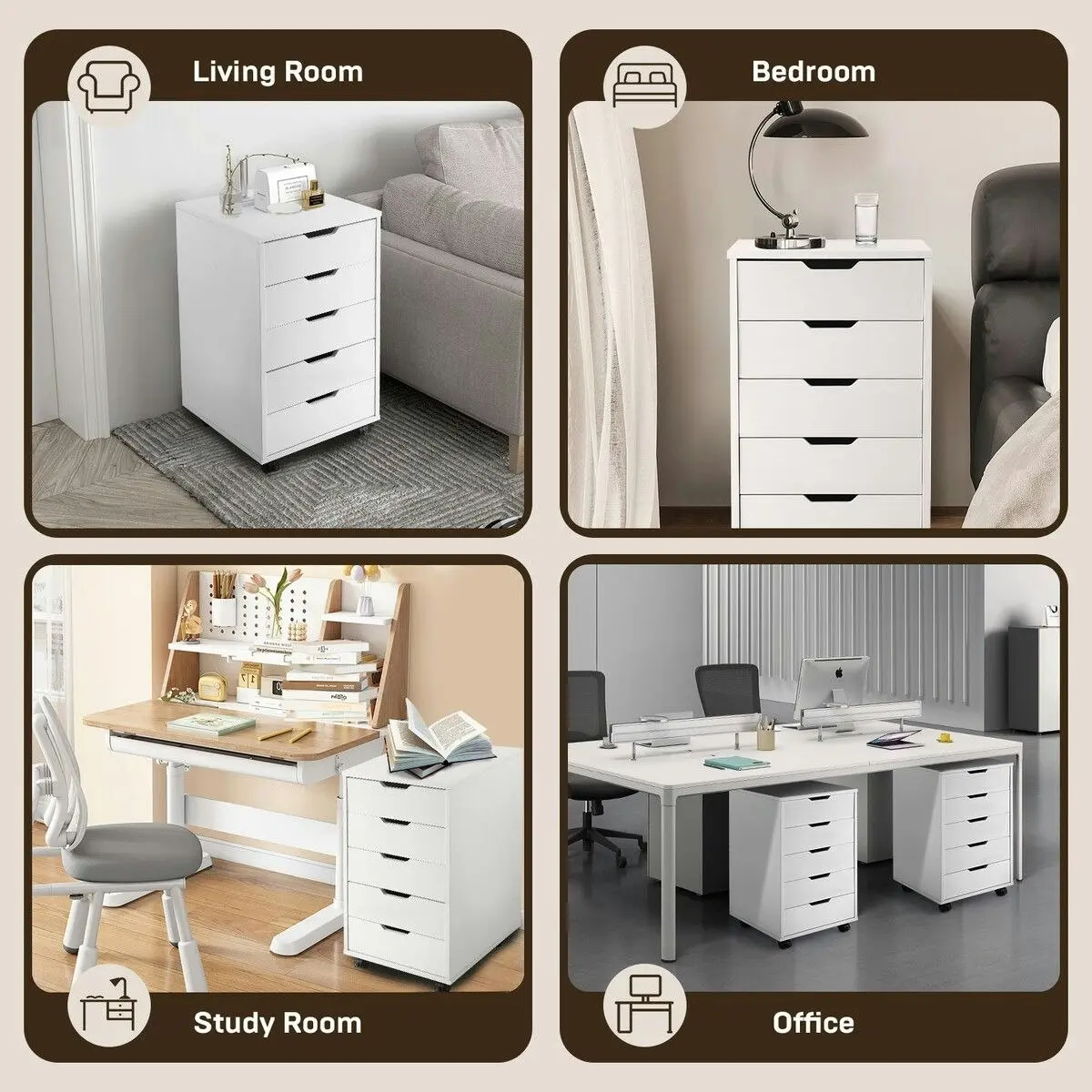 Ausway 5 Drawer File Cabinet Mobile Filing Document Organiser Chest Home Office Storage Cupboard Printer Stand White 40x38x68cm