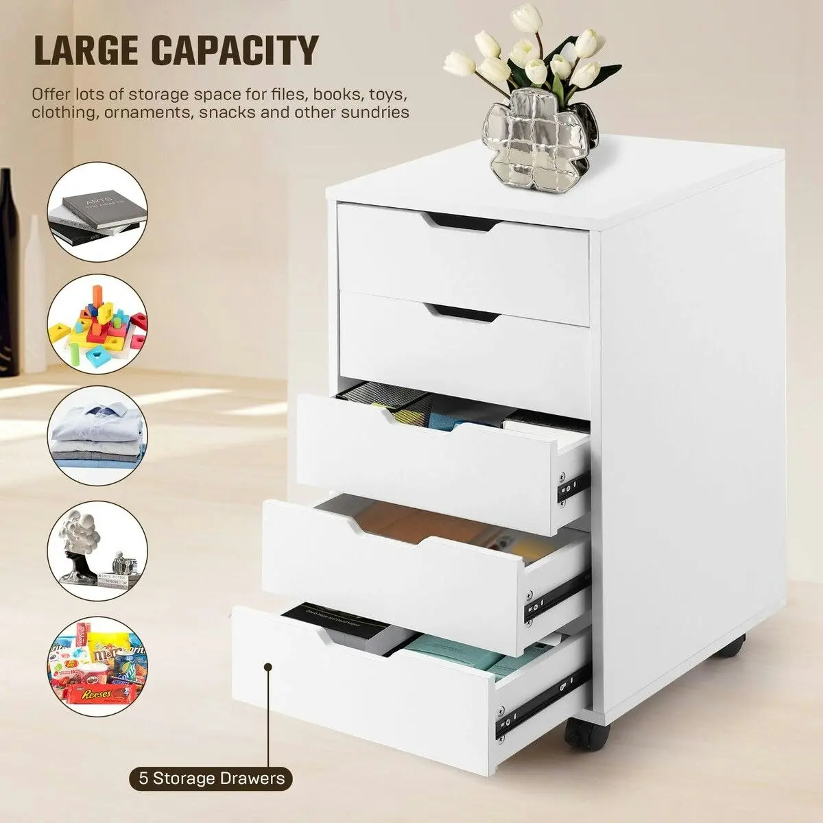 Ausway 5 Drawer File Cabinet Mobile Filing Document Organiser Chest Home Office Storage Cupboard Printer Stand White 40x38x68cm