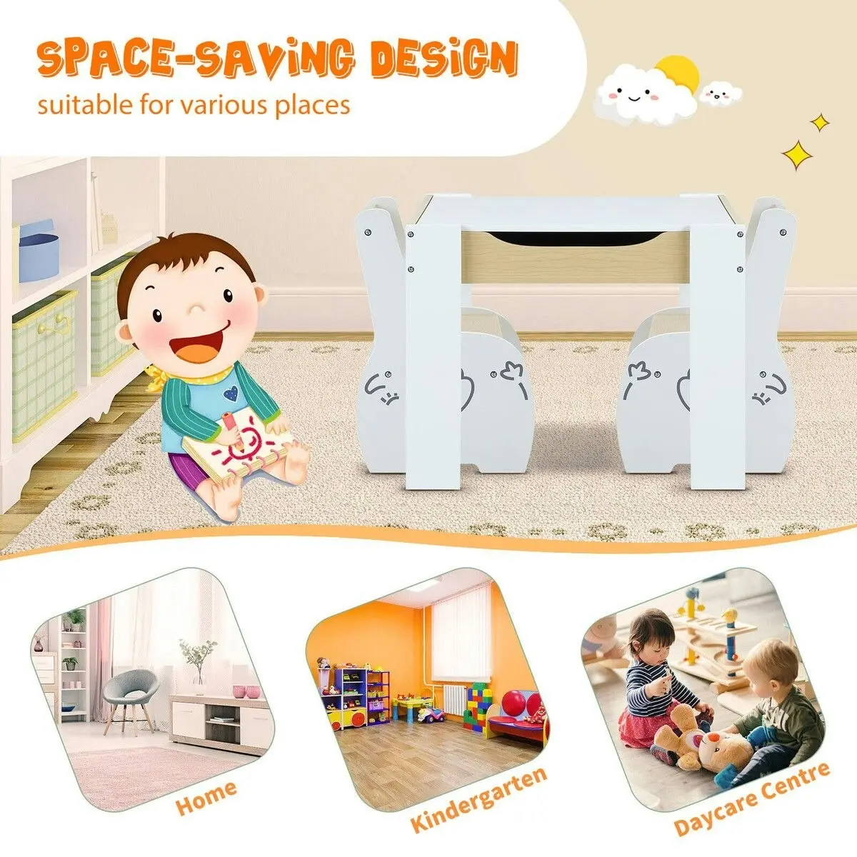 Kidbot Kids Table and 2 Chairs Set Childrens Desk Toddler Furniture Baby Activity Centre Drawing Study Reading Wooden with Storage