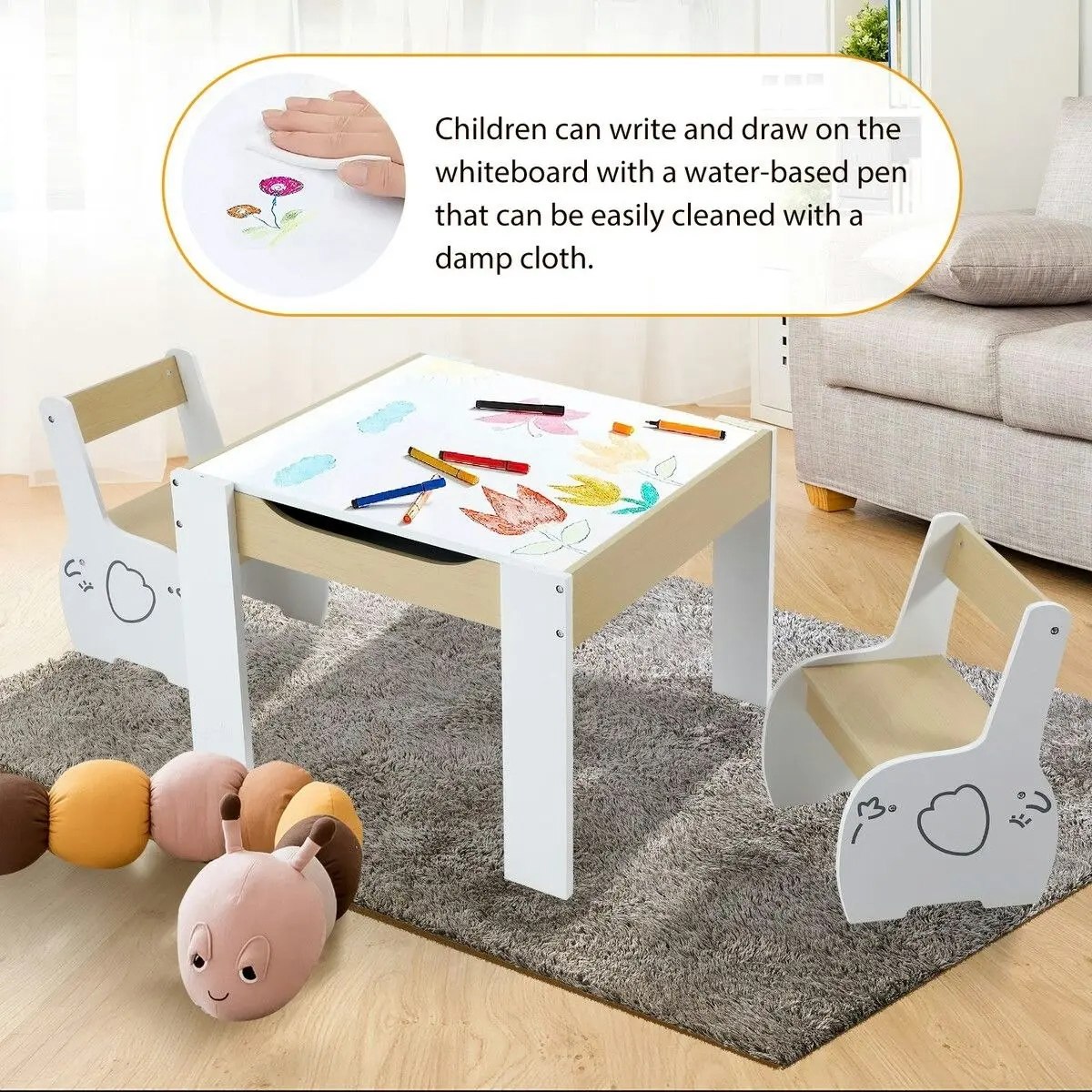 Kidbot Kids Table and 2 Chairs Set Childrens Desk Toddler Furniture Baby Activity Centre Drawing Study Reading Wooden with Storage