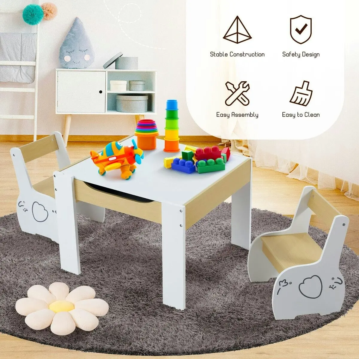 Kidbot Kids Table and 2 Chairs Set Childrens Desk Toddler Furniture Baby Activity Centre Drawing Study Reading Wooden with Storage