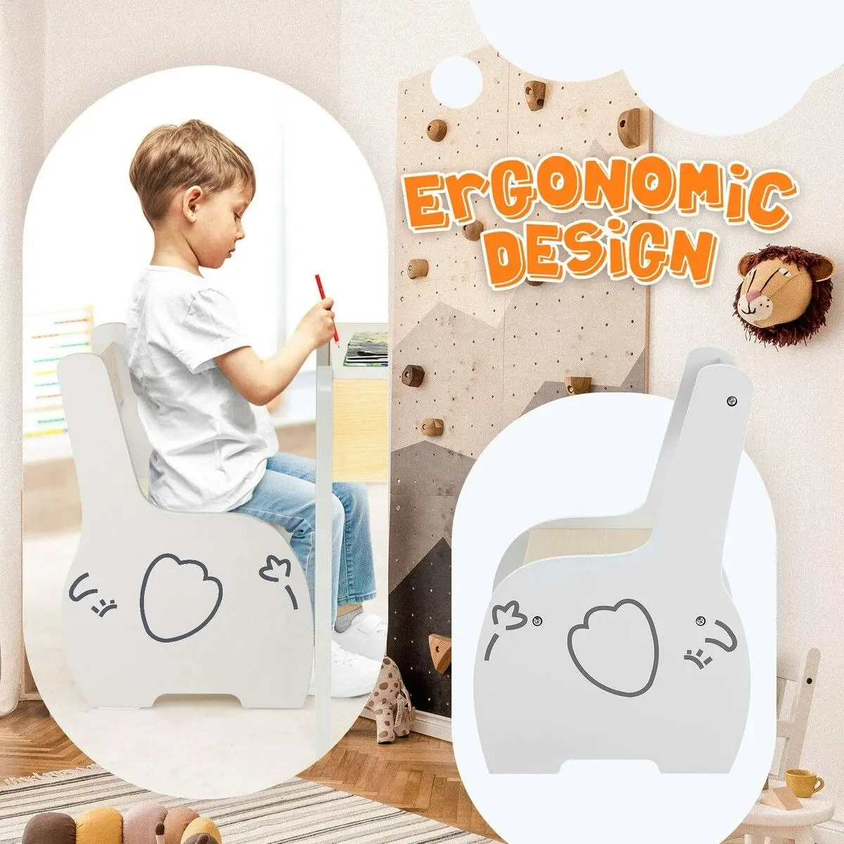 Kidbot Kids Table and 2 Chairs Set Childrens Desk Toddler Furniture Baby Activity Centre Drawing Study Reading Wooden with Storage