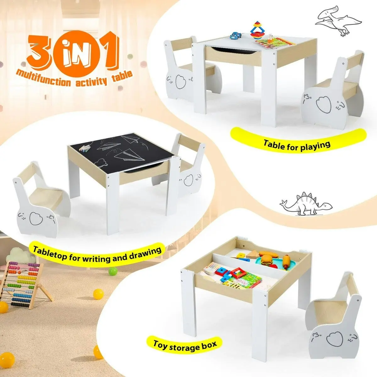 Kidbot Kids Table and 2 Chairs Set Childrens Desk Toddler Furniture Baby Activity Centre Drawing Study Reading Wooden with Storage