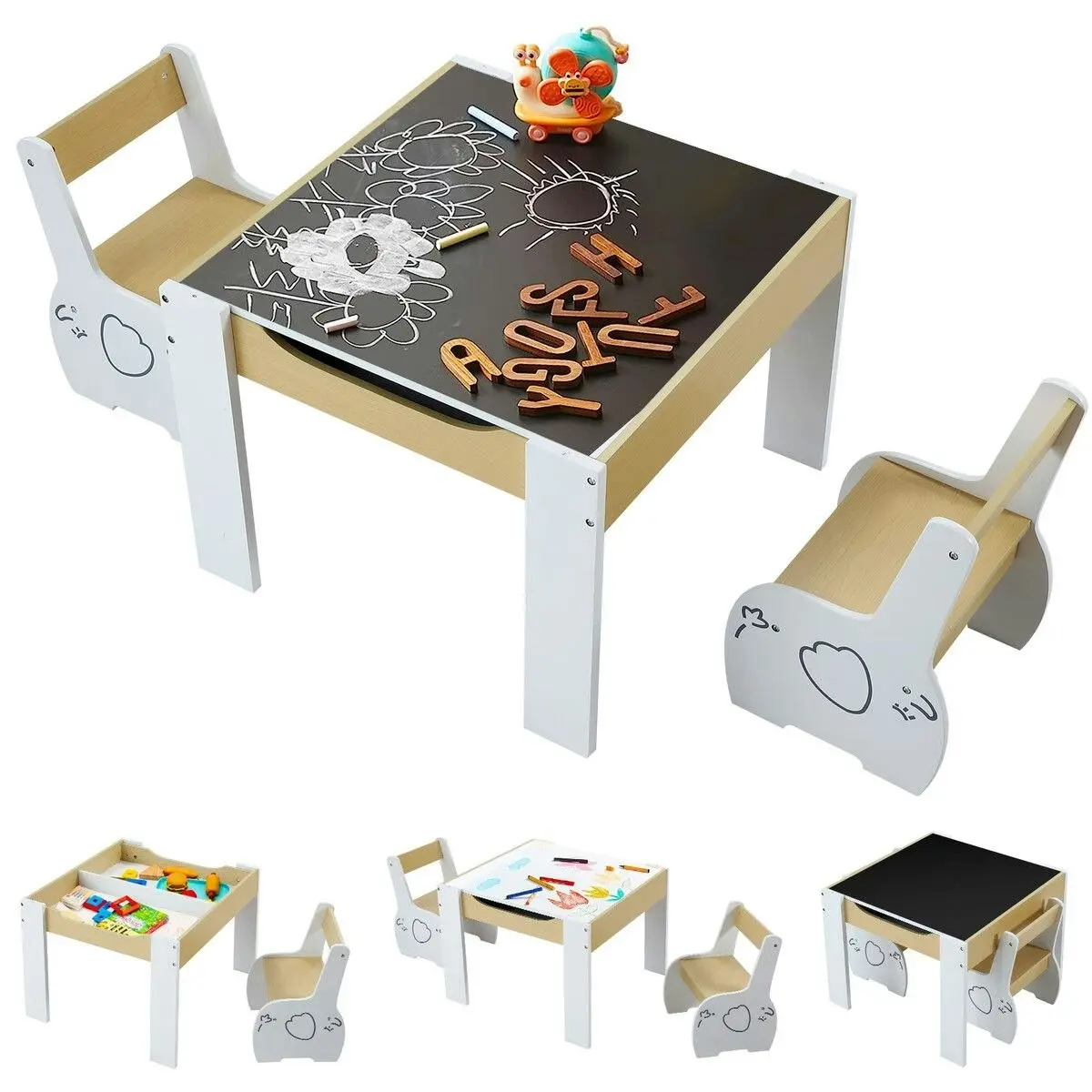 Kidbot Kids Table and 2 Chairs Set Childrens Desk Toddler Furniture Baby Activity Centre Drawing Study Reading Wooden with Storage