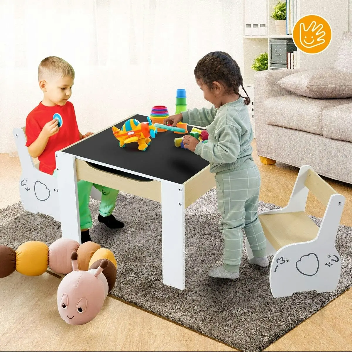 Kidbot Kids Table and 2 Chairs Set Childrens Desk Toddler Furniture Baby Activity Centre Drawing Study Reading Wooden with Storage