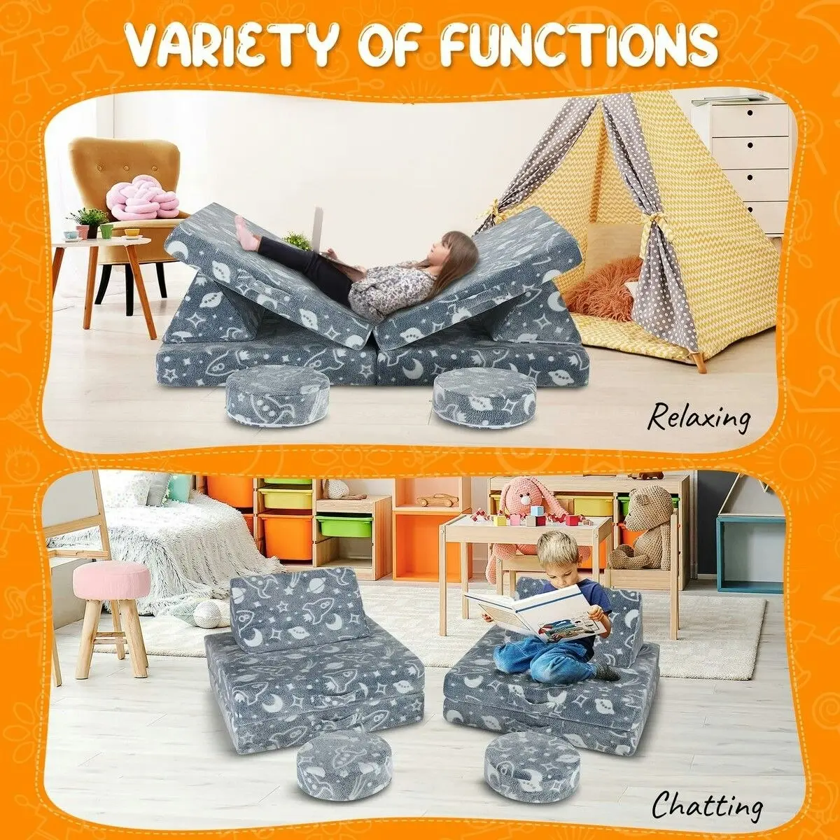 Kidbot Modular Kids Sofa Set 6Pcs Play Couch Convertible Lounge Chair Folding Toddler Playset Sectional Cushion Glowing Cover