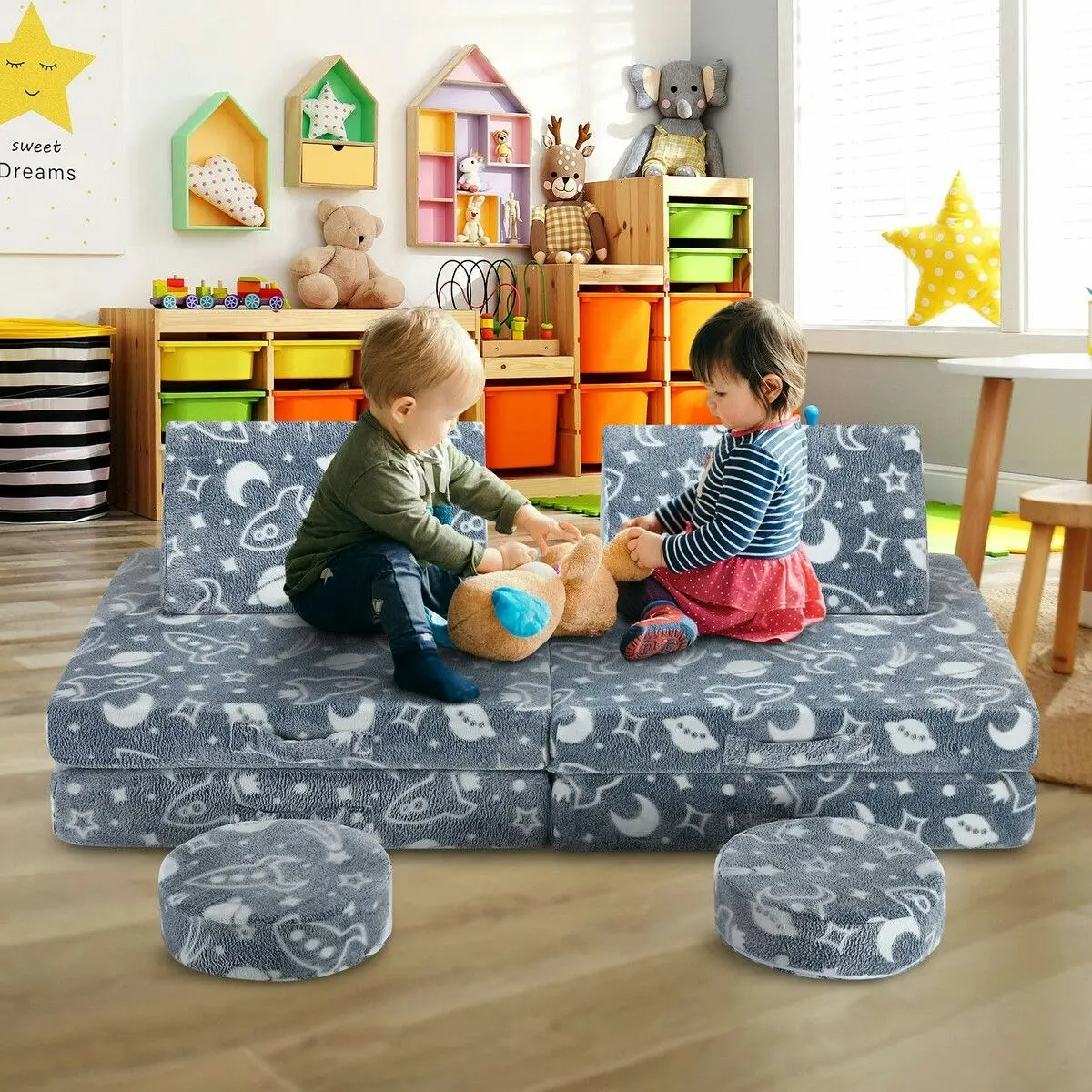 Kidbot Modular Kids Sofa Set 6Pcs Play Couch Convertible Lounge Chair Folding Toddler Playset Sectional Cushion Glowing Cover