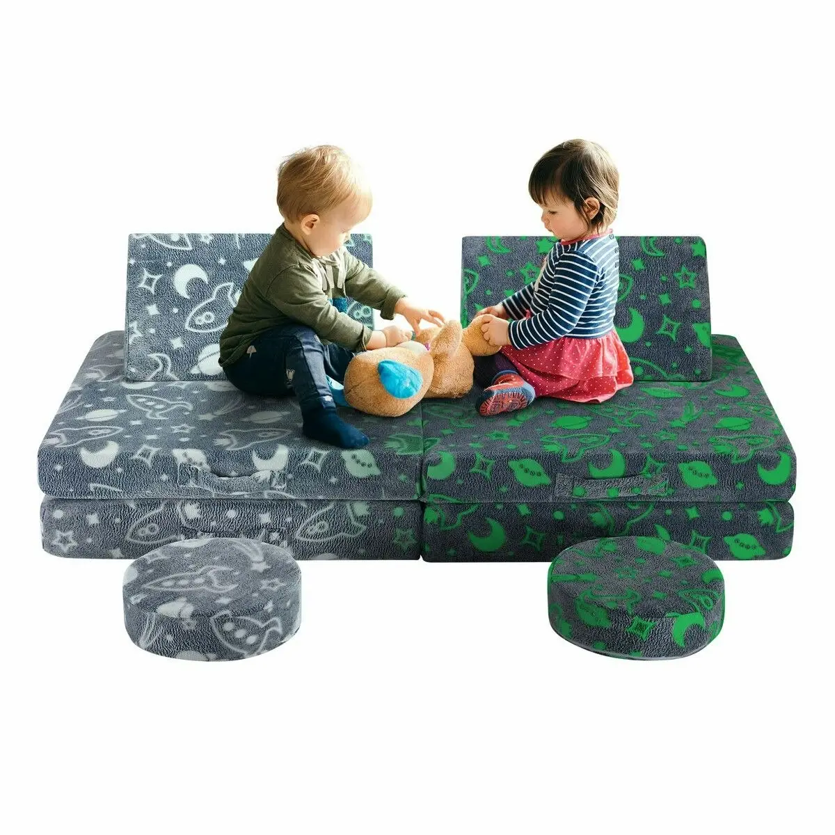 Kidbot Modular Kids Sofa Set 6Pcs Play Couch Convertible Lounge Chair Folding Toddler Playset Sectional Cushion Glowing Cover