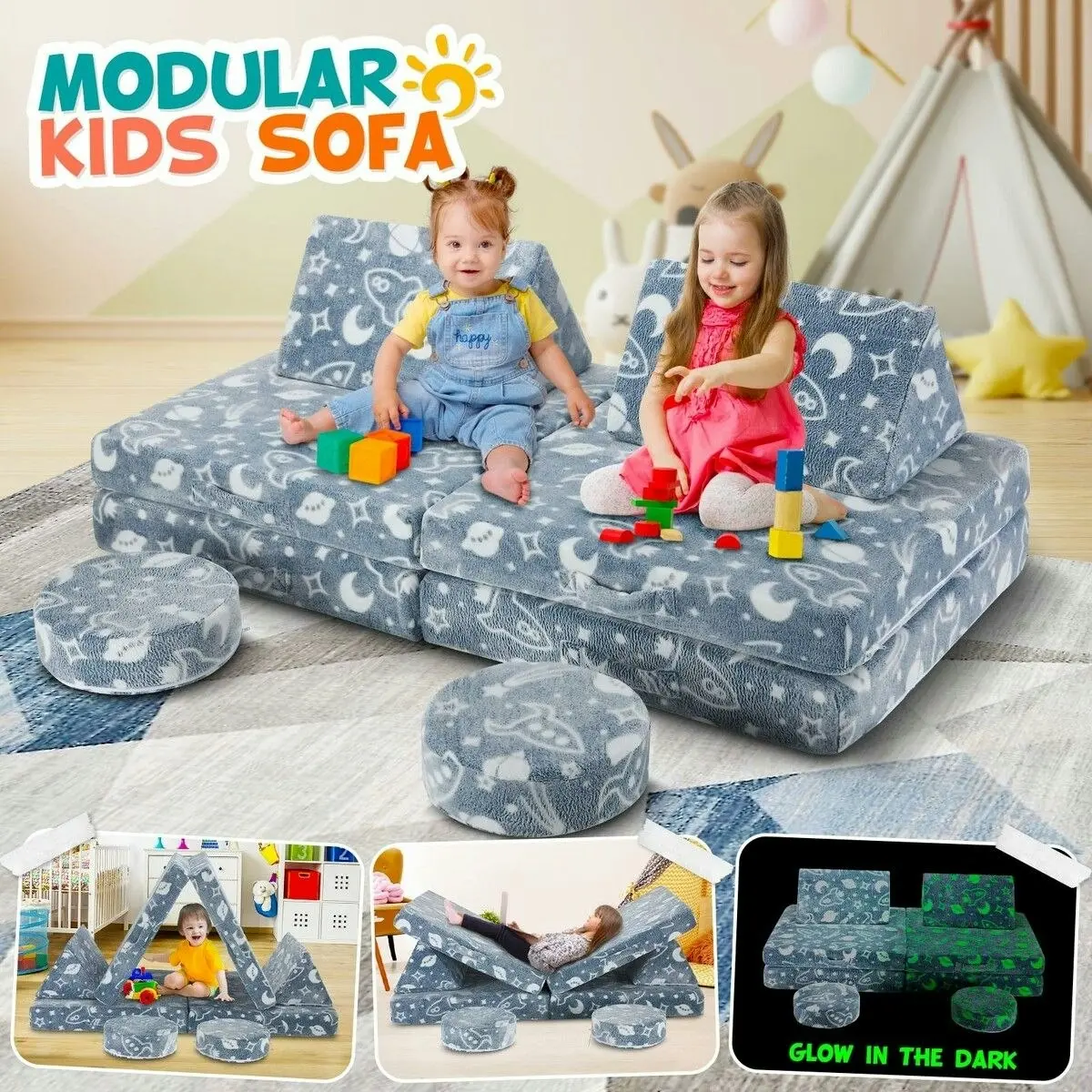 Kidbot Modular Kids Sofa Set 6Pcs Play Couch Convertible Lounge Chair Folding Toddler Playset Sectional Cushion Glowing Cover