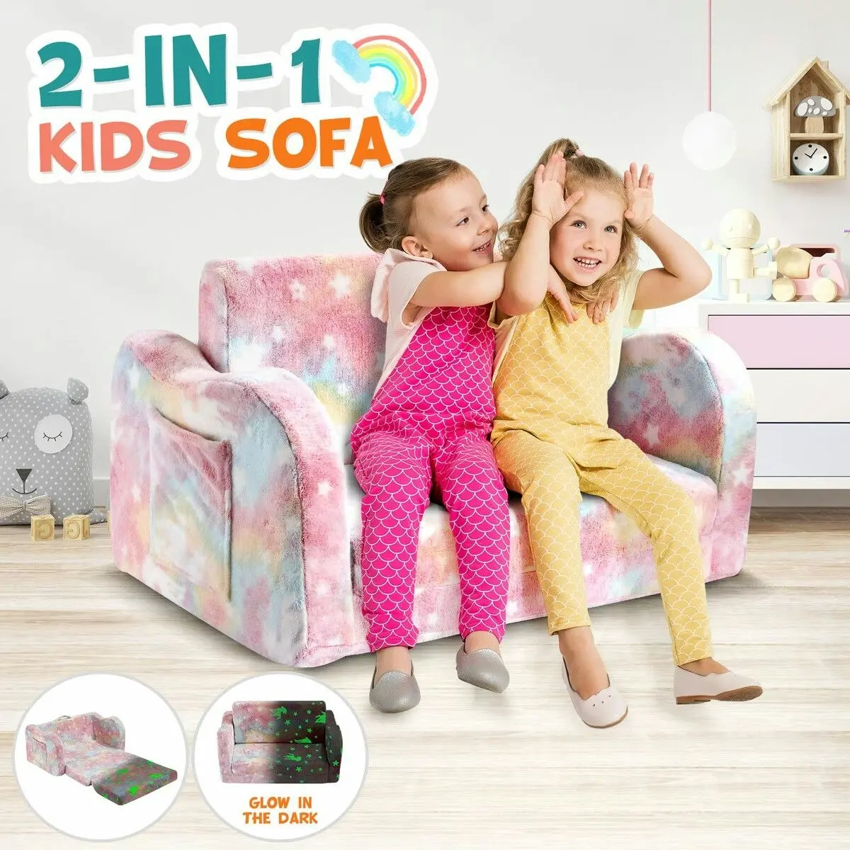 Kidbot Kids Flip Out Sofa Convertible Couch Lounge Chair Fold Comfy Toddler Bed 2 Seater Childrens Armchair Storage Glow in The Dark