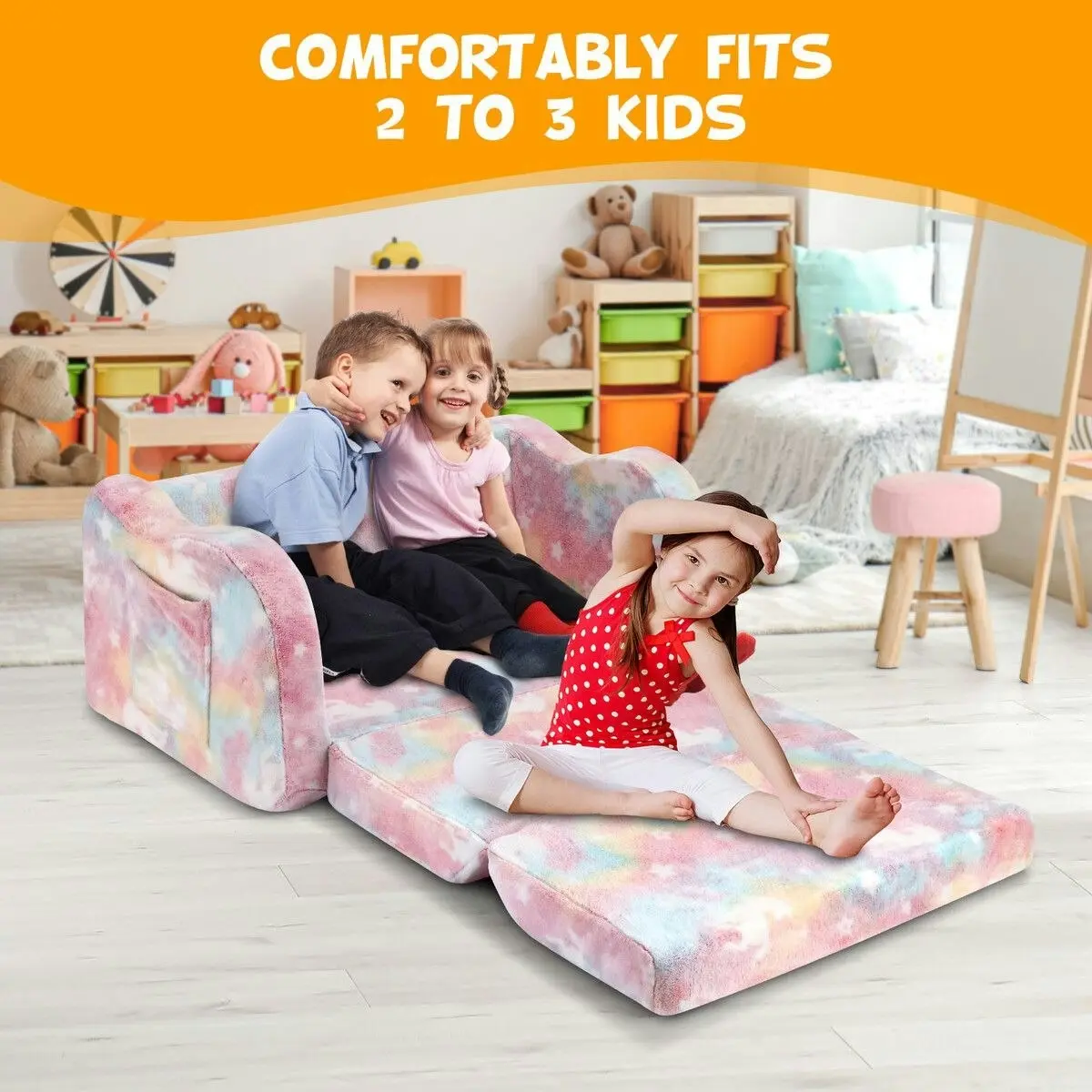 Kidbot Kids Flip Out Sofa Convertible Couch Lounge Chair Fold Comfy Toddler Bed 2 Seater Childrens Armchair Storage Glow in The Dark