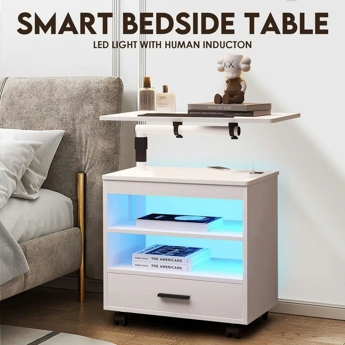 Ausway Smart Bedside Table LED End Desk Adjustable Night Stand Rotatable Laptop Workstation Bedroom Drawer Human Induction White