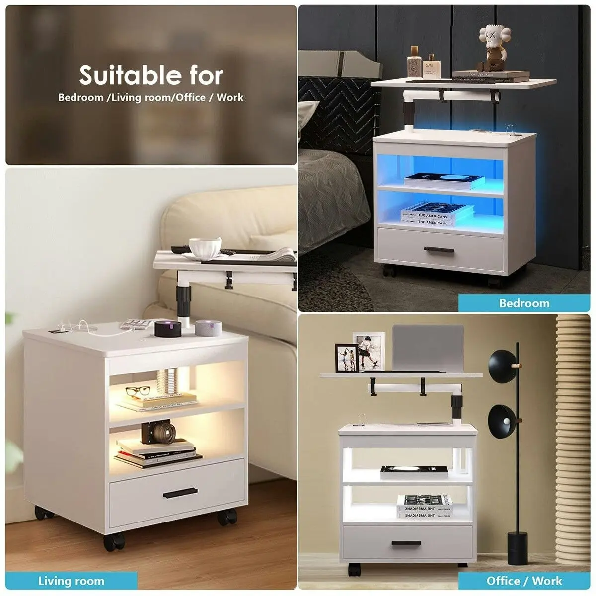 Ausway Smart Bedside Table LED End Desk Adjustable Night Stand Rotatable Laptop Workstation Bedroom Drawer Human Induction White