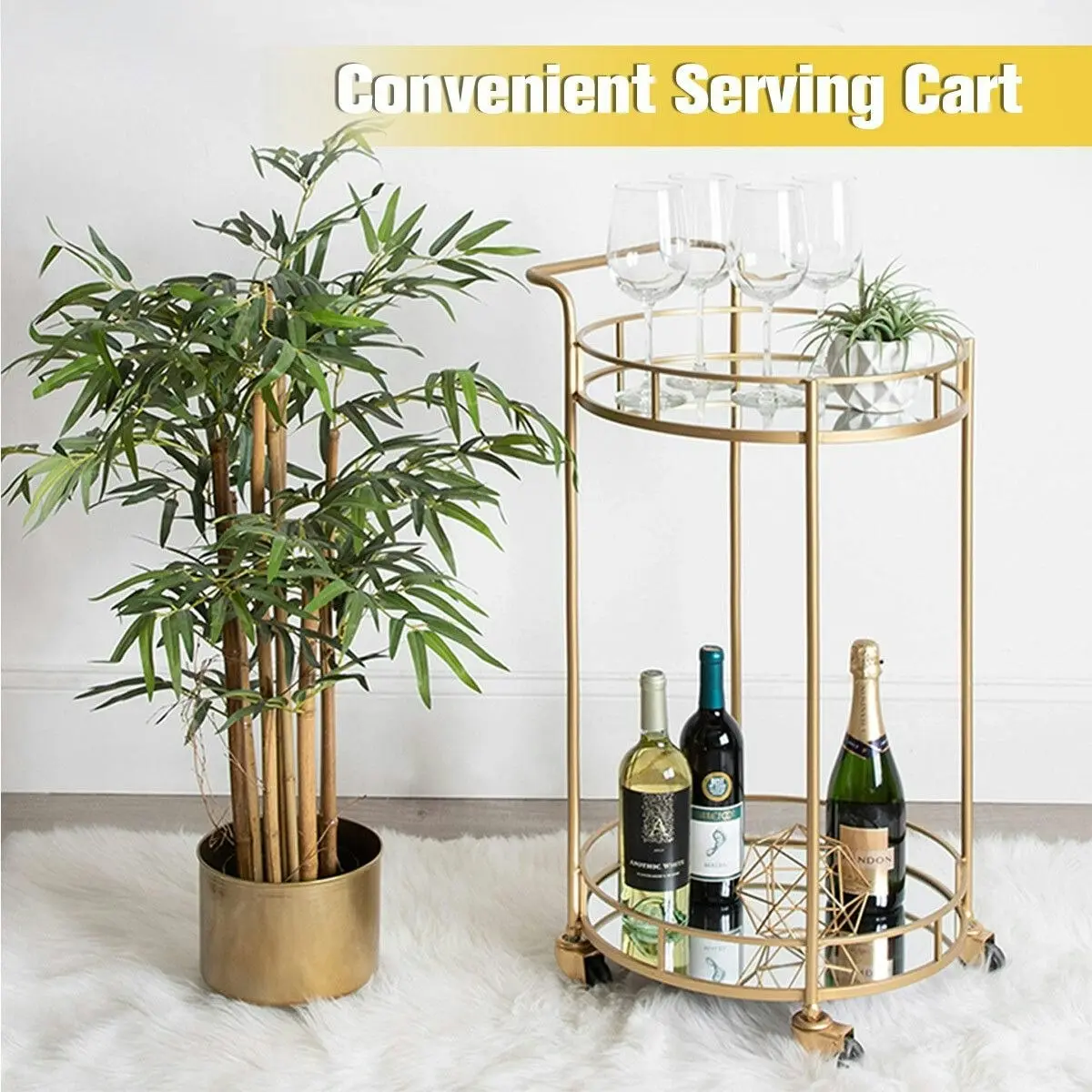 Ausway Round Gold Bar Cart Rolling Serving Drinks Metal Trolley Tea Wine Coffee Mobile Trolly 4 Wheels 2 Trays Mirrored Glass Top