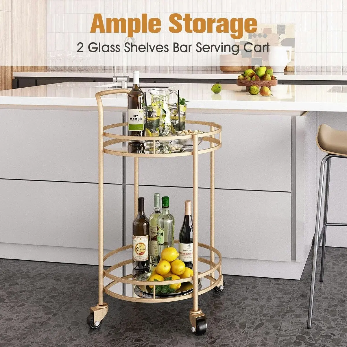 Ausway Round Gold Bar Cart Rolling Serving Drinks Metal Trolley Tea Wine Coffee Mobile Trolly 4 Wheels 2 Trays Mirrored Glass Top