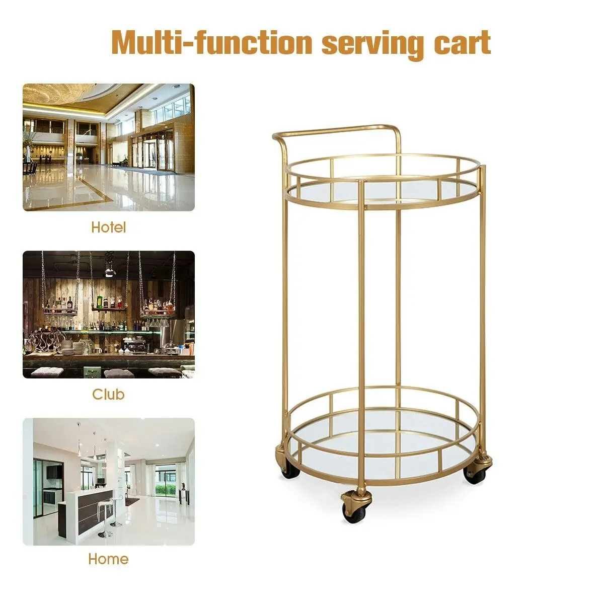 Ausway Round Gold Bar Cart Rolling Serving Drinks Metal Trolley Tea Wine Coffee Mobile Trolly 4 Wheels 2 Trays Mirrored Glass Top