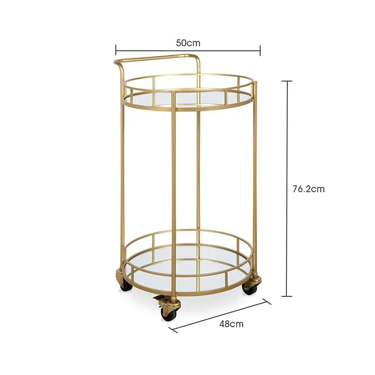 Ausway Round Gold Bar Cart Rolling Serving Drinks Metal Trolley Tea Wine Coffee Mobile Trolly 4 Wheels 2 Trays Mirrored Glass Top