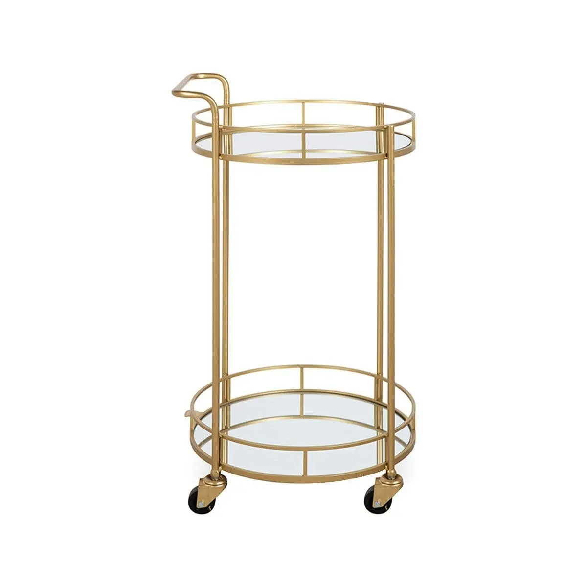 Ausway Round Gold Bar Cart Rolling Serving Drinks Metal Trolley Tea Wine Coffee Mobile Trolly 4 Wheels 2 Trays Mirrored Glass Top