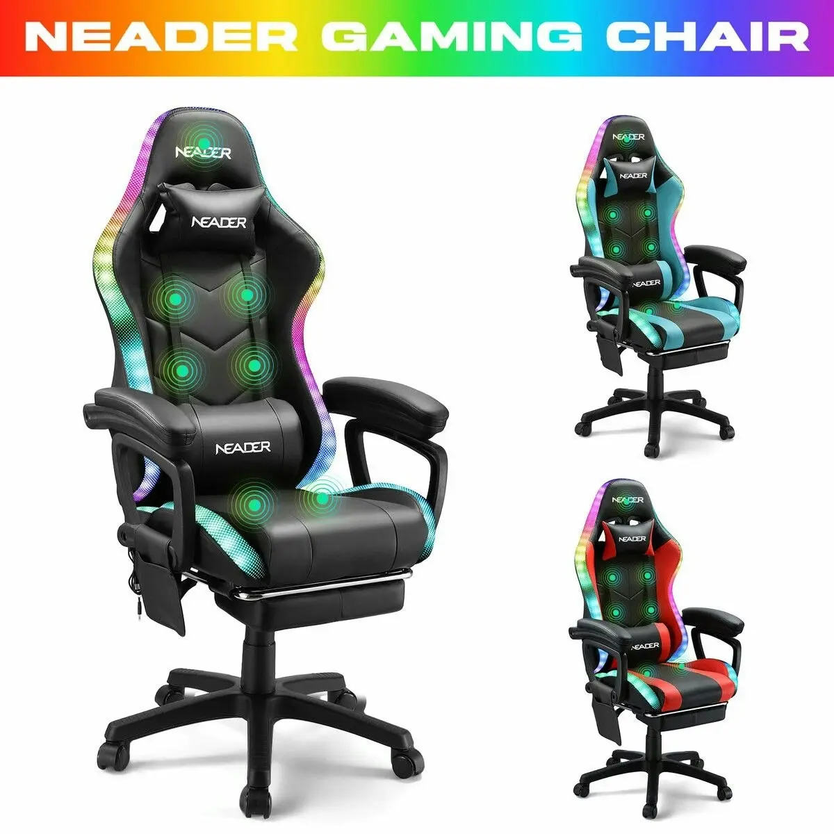 Neader Gaming Office Chair Massage High Back RGB LED Armchair Executive Computer Racing Desk PU Leather Footrest Headrest Recliner Work Study Black