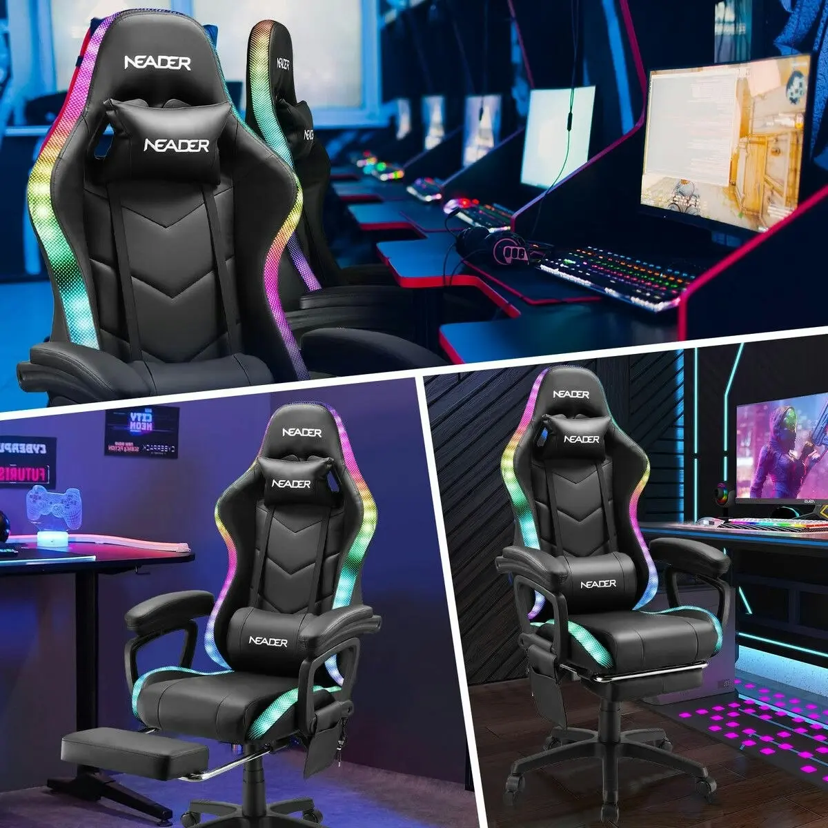 Neader Gaming Office Chair Massage High Back RGB LED Armchair Executive Computer Racing Desk PU Leather Footrest Headrest Recliner Work Study Black