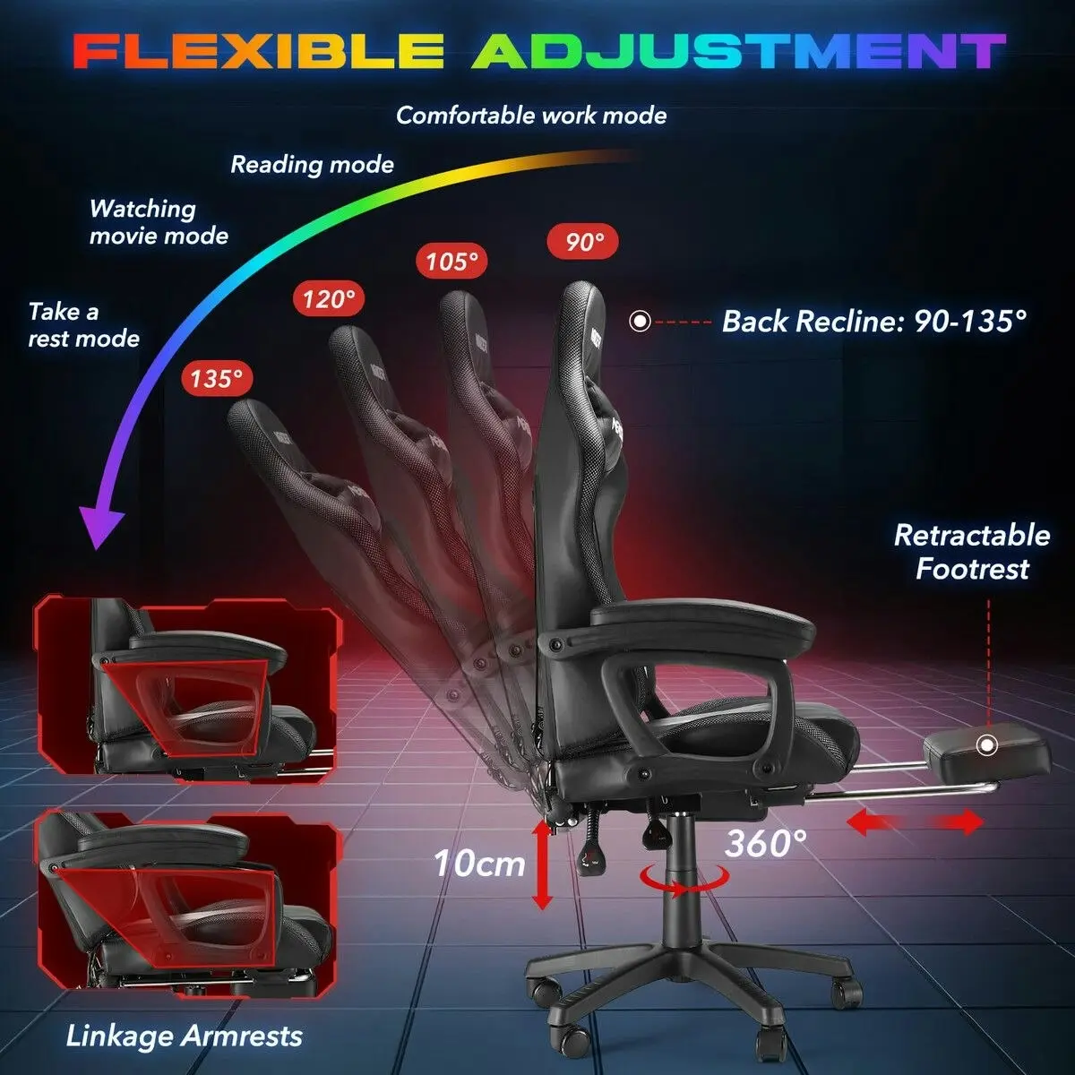 Neader Gaming Office Chair Massage High Back RGB LED Armchair Executive Computer Racing Desk PU Leather Footrest Headrest Recliner Work Study Black