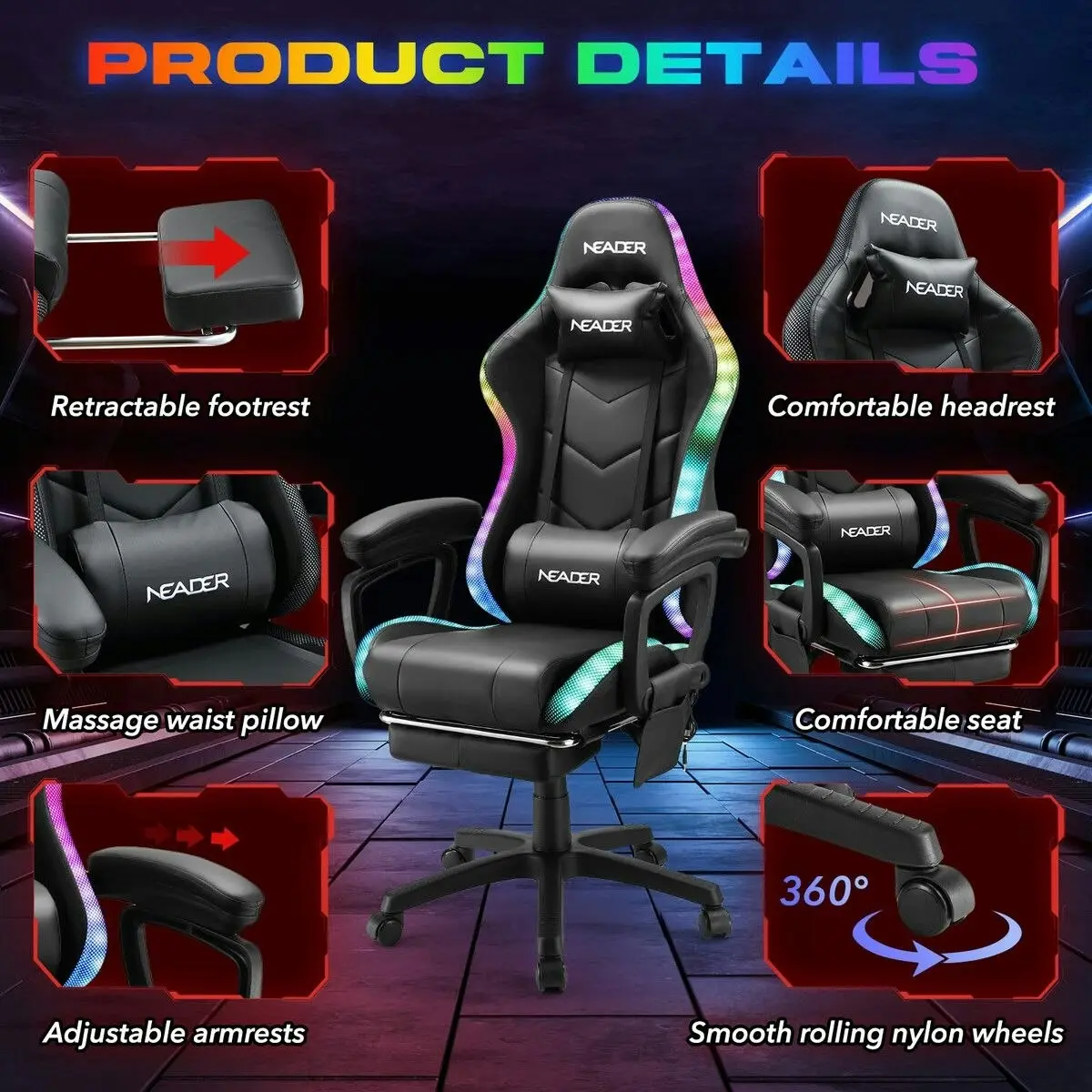 Neader Gaming Office Chair Massage High Back RGB LED Armchair Executive Computer Racing Desk PU Leather Footrest Headrest Recliner Work Study Black