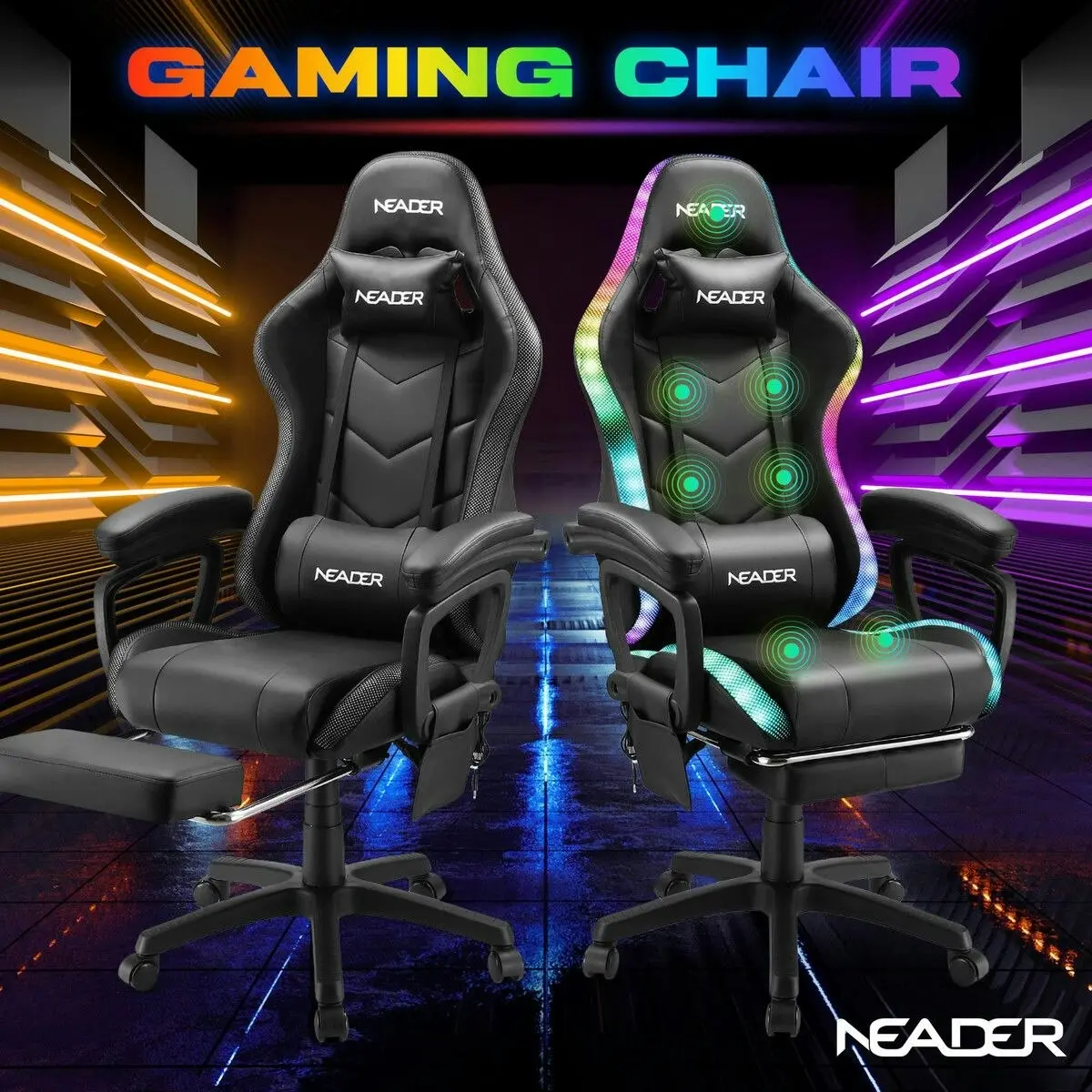 Neader Gaming Office Chair Massage High Back RGB LED Armchair Executive Computer Racing Desk PU Leather Footrest Headrest Recliner Work Study Black