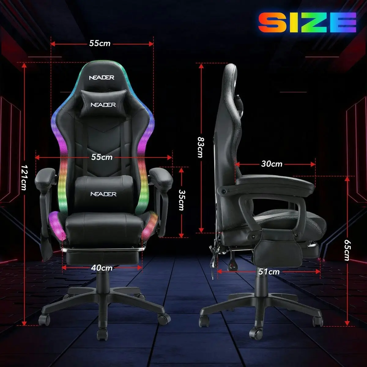 Neader Gaming Office Chair Massage High Back RGB LED Armchair Executive Computer Racing Desk PU Leather Footrest Headrest Recliner Work Study Black