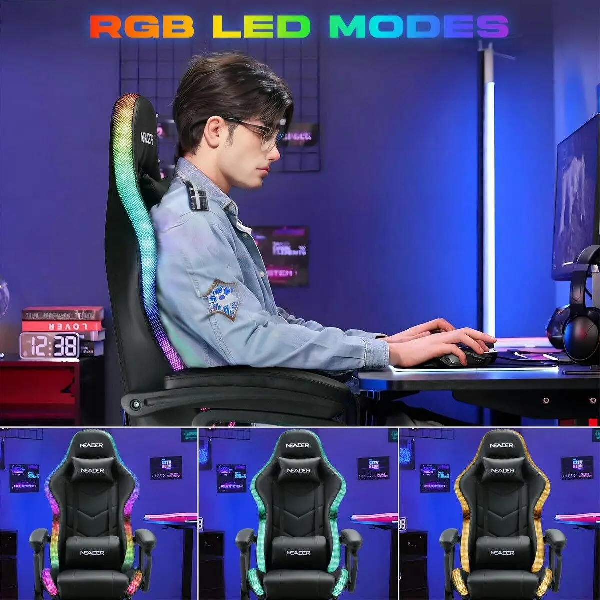 Neader Gaming Office Chair Massage High Back RGB LED Armchair Executive Computer Racing Desk PU Leather Footrest Headrest Recliner Work Study Black