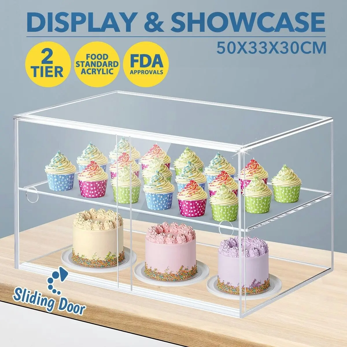 Ausway 2 Tier Cupcake Cabinet Display Shelf Unit Acrylic Cake Bakery Case Stand Model Donut Pastry Toy Showcase 5mm Thick Transparent